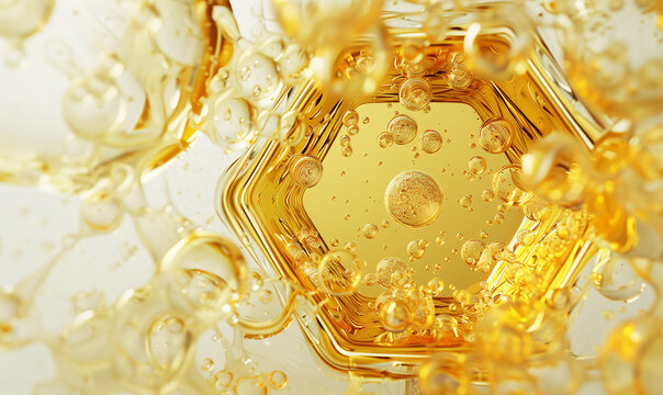 Golden liquid oil bubbles in hexagonal honeycomb cell. Cosmetic and luxury product backgrounds.