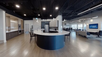 Modern Office Kitchenette with Curved Countertop and Bar Stools
