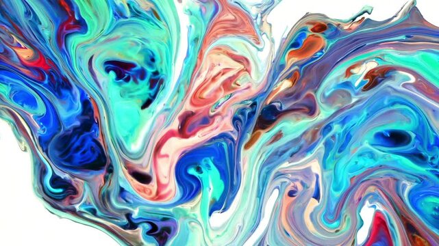 Abstract liquid oil marble animation, swirling colour texture background on white, water color, flowing interwoven