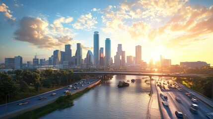 Fototapeta premium Sunset View of a City Skyline with a River and Highway