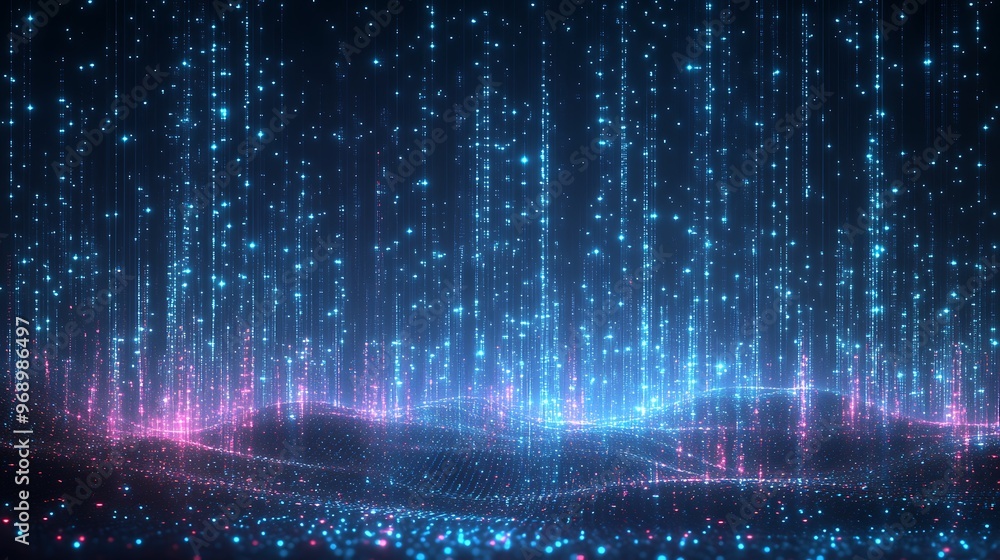 Poster a mesmerizing digital background featuring cascading lights in vibrant blue and pink hues, creating 