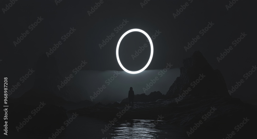 Poster an abstract neon background with a large object in the center and a space background. this image has