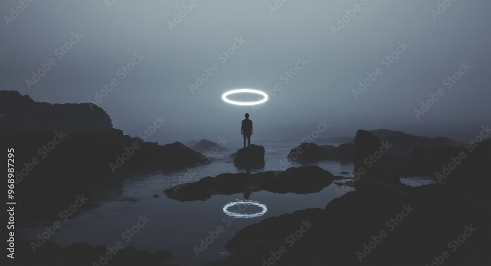 Poster neon abstract background with large object in the center, space background. dark scene with neon lig