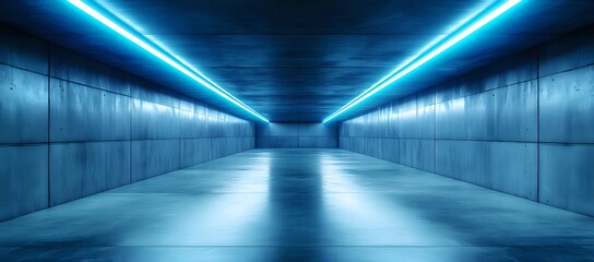 Futuristic blue neon glowing lights in a concrete tunnel.