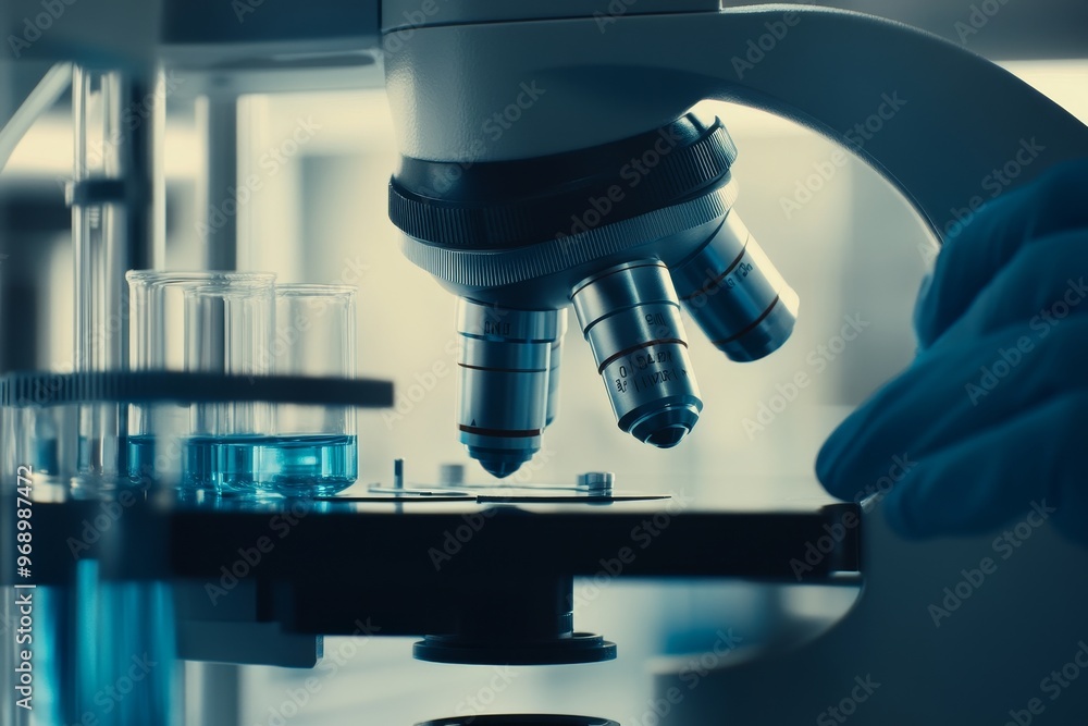 Poster scientist looking through a microscope in a laboratory. scientist doing some research.