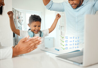 Father, boy and celebration for online learning, teaching and math education in house with book or laptop. Dad, child and success for school, study and numbers with elearning, video and development