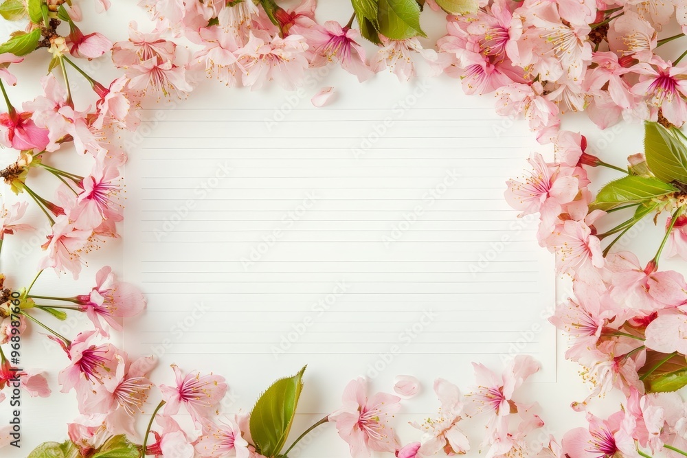 Poster sakura tree sprigs and flowers on marble background with space for text on top of it. the concept of