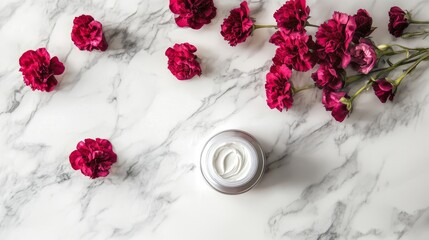 Natural organic skin care cream containers on marble background. Skin care, beauty, SPA concept. Flat lay, top view, copy space.