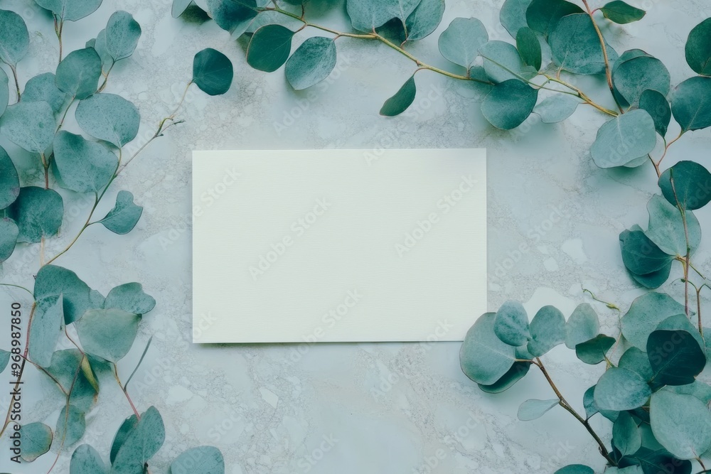 Poster flat lay, eucalyptus top view on marble background, flat lay on light textured stone table surface. 