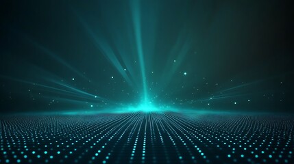 A mesmerizing digital landscape featuring radiant beams of light and a field of illuminated dots, evoking a sense of depth and dimension.