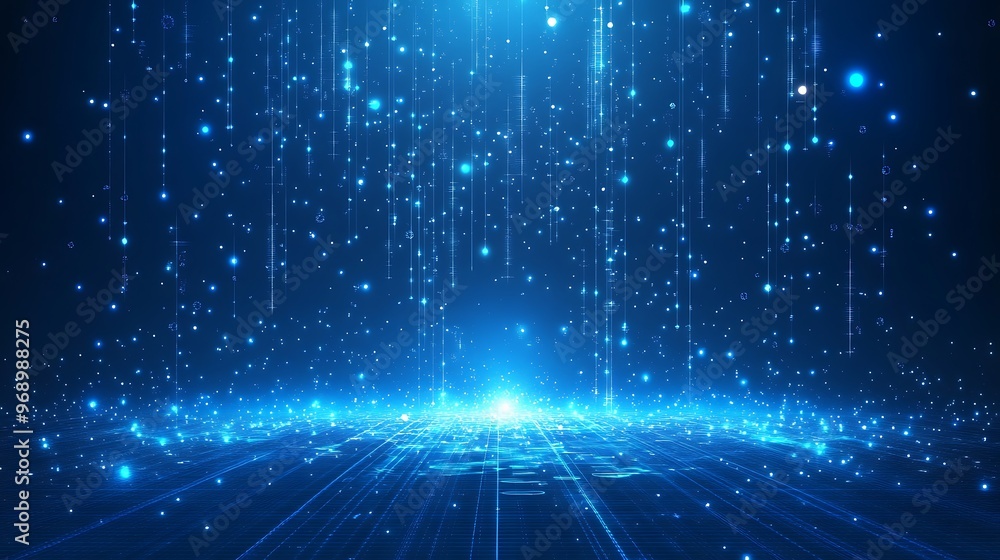 Poster a mesmerizing digital landscape filled with glowing particles and beams of light, creating a futuris