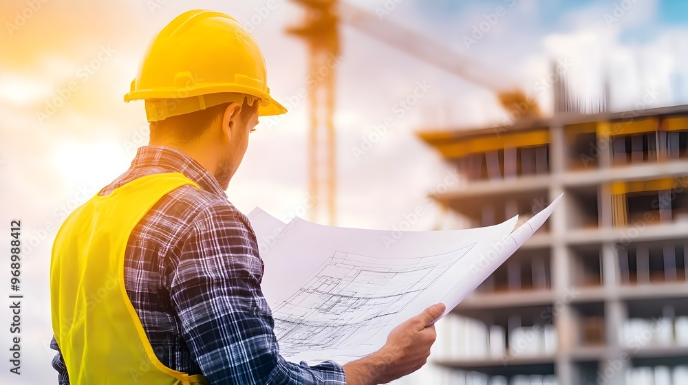 Poster construction engineer inspecting blueprint on site with large building under construction