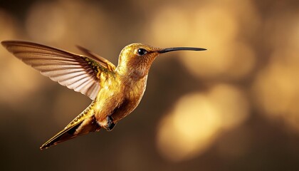 Fototapeta premium Sleek gold hummingbird in mid-flight