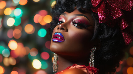 Professional style photo of super glamorous black drag queen with a Christmas or festive season inspired theme, LGBTQ+, queer trans Christmas. Wide landscape 16:9 with copy space, copy blank
