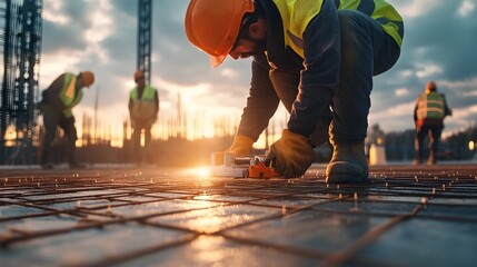 Construction Workers Using Laser Leveling Equipment for Precise Concrete Floor Laying