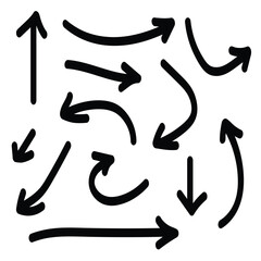 Vector chaotic hand drawn black arrows in various directions curving and intersecting.