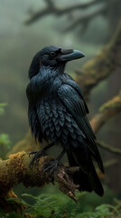 Fototapeta premium Vertical AI illustration majestic black raven perched on mossy branch in misty forest.