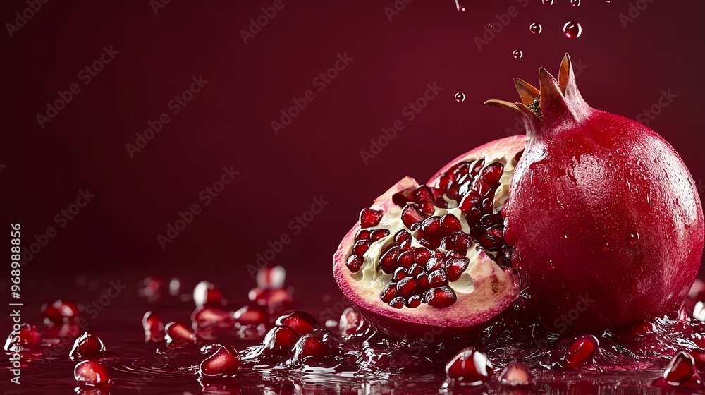 Sticker A whole pomegranate and a half pomegranate with seeds on a red background.