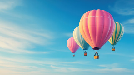 Obraz premium A group of hot air balloons flying in the sky with a blue background, AI