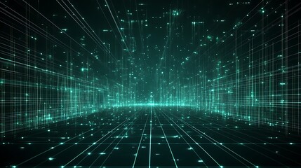 A mesmerizing digital landscape with glowing lines and particles, creating a futuristic and technological atmosphere.