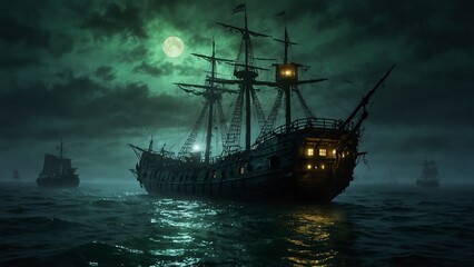 A ghost ship sails through a dense, misty sea. The ship’s tattered sails flutter weakly in the cold, damp wind. The hull, covered in seaweed and barnacles, creaks with every wave. Ghostly figures move