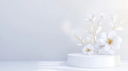 White background with floral arch and marble pedestals empty. Blank showcase decorated with paper flowers for product presentation.