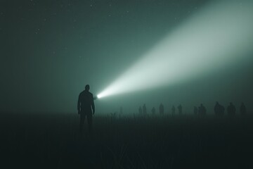 Fototapeta premium Foggy night backlighting on a man and light behind him