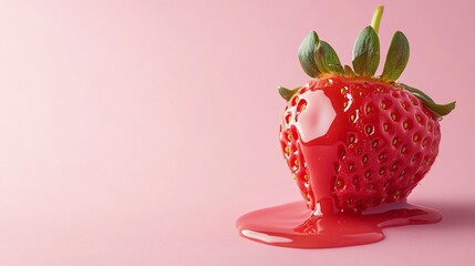 A strawberry covered in a pink sauce on a pink background.
