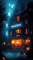 Mystical Library at Night: Glowing Lanterns and Magical Atmosphere