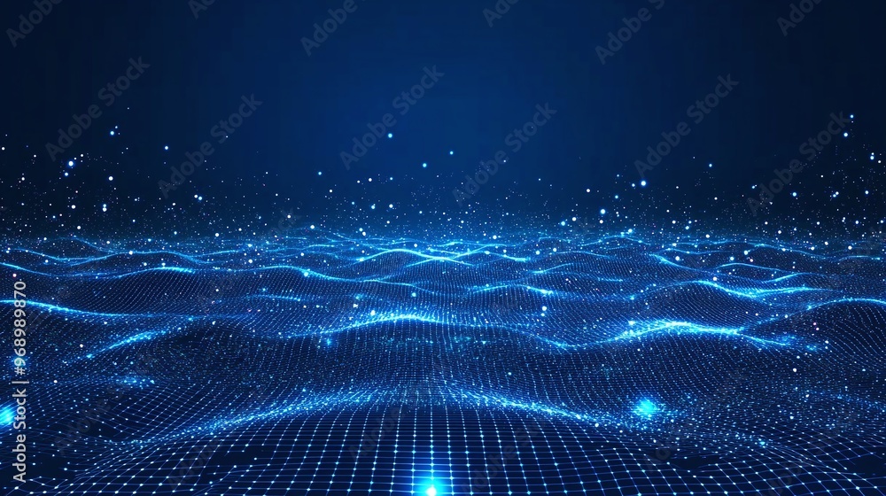 Poster a mesmerizing digital wave pattern illuminated by blue lights, creating a tranquil and futuristic at
