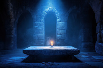 A single candle burns softly on a stone altar in an ancient crypt, surrounded by arched doorways and bathed in an eerie blue ambient light. The scene exudes a sense of mystery and reverence 