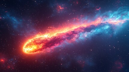 Fototapeta premium Semiabstract design of a comet streaking through a colorful starry sky with its tail dissolving into swirling neon patterns symbolizing space exploration and wonder
