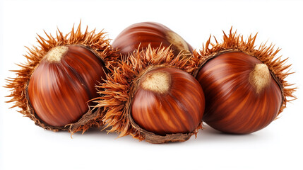 chestnuts with a brown shell and partly the shells with spines are still present