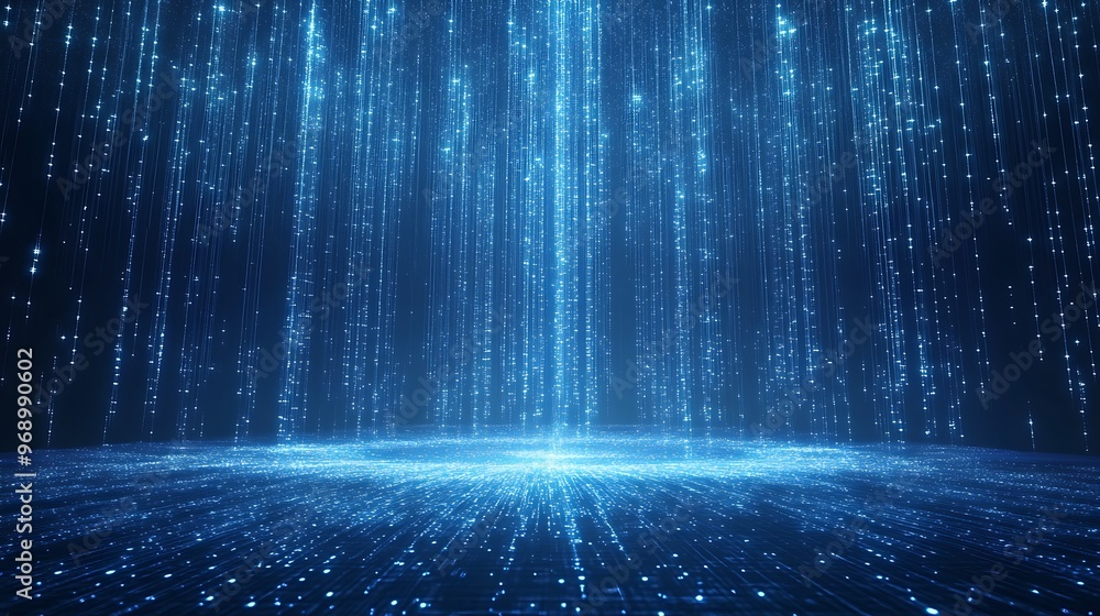 Poster a mesmerizing visual of blue digital rain, creating a futuristic ambiance with glowing particles and