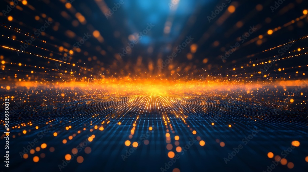 Aufkleber a mesmerizing visual of glowing particles and beams of light creating a dynamic digital landscape in