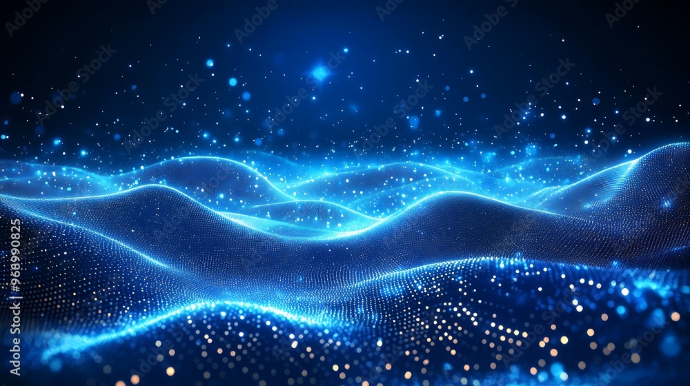 Poster A mesmerizing wave of blue light particles, creating a serene and futuristic atmosphere with depth and soft movement.