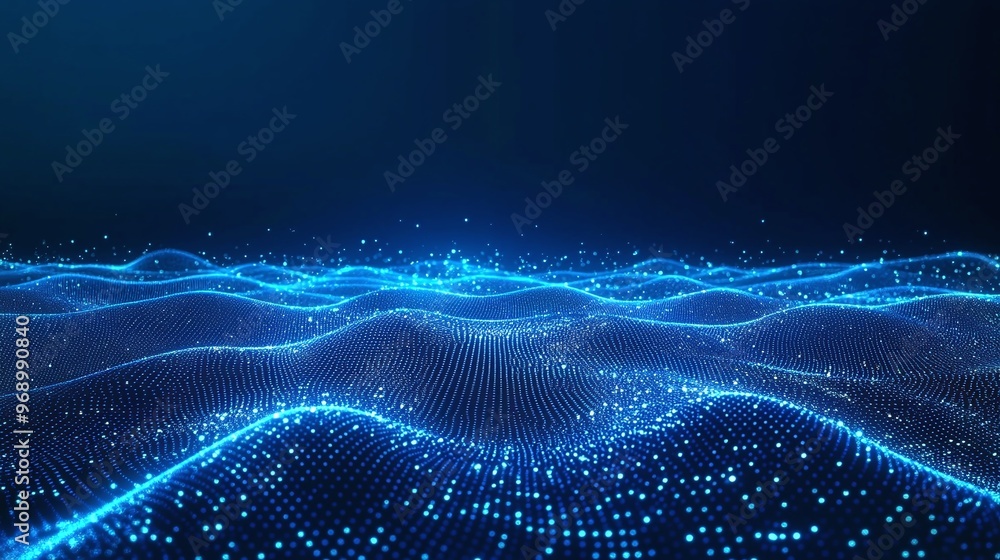 Poster a mesmerizing wave of glowing blue particles creating a digital landscape. ideal for technology and 