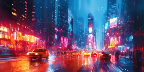 Obraz premium Abstract vibrant city skyline with dynamic lights and energy