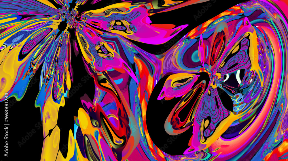 Poster new year party 2025 with colorful abstract psychedelic background