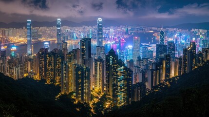 Obraz premium Nighttime View of Hong Kong Skyline from a Hillside