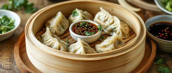 gyoza steamed dumplings with soy sauce in a bamboo steamer