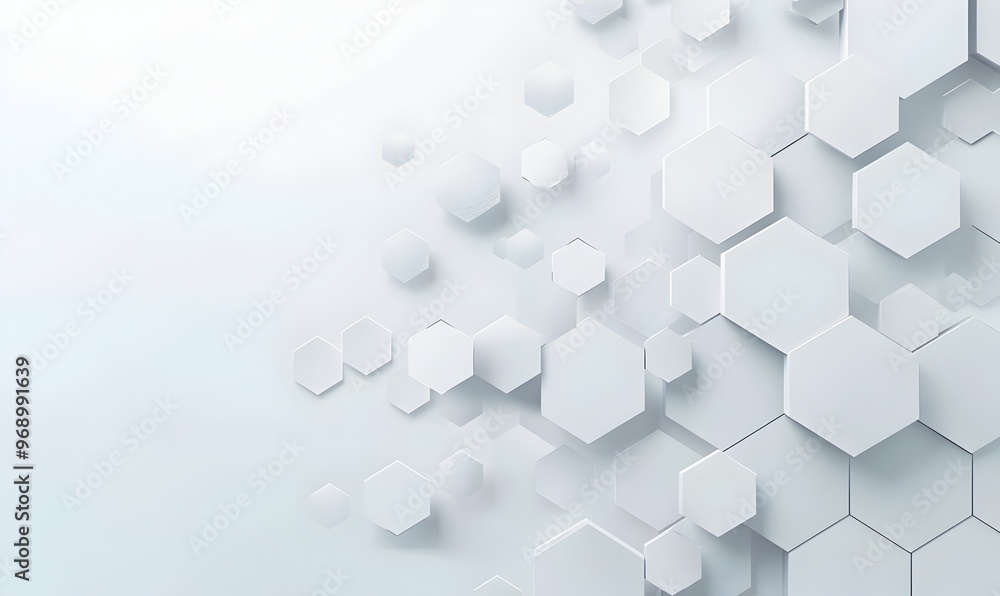 Poster white background with hexagonal patterns, a light gray and white color scheme, a technology