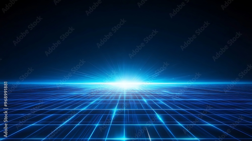 Poster a stunning abstract image depicting blue light emanating from the horizon, creating a sense of depth