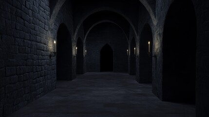 Fototapeta premium Dark medieval church underground with candles. 3D rendering.