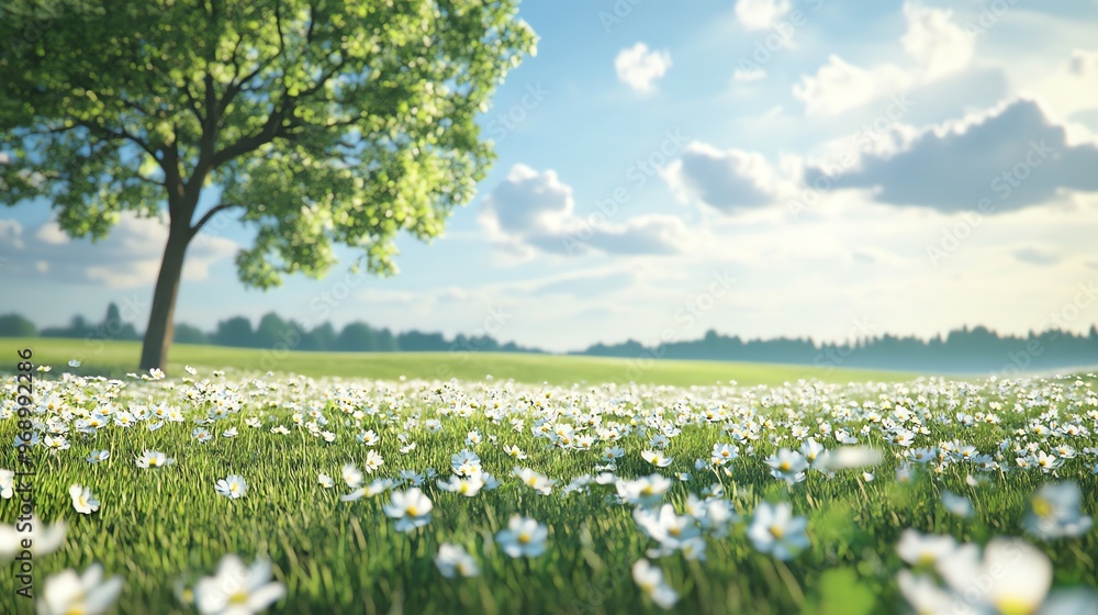 Wall mural A field of white flowers with a tree in the background.