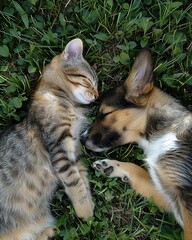 Cute kitty cat and dog sleeping on the grass side by side. Ai Generative