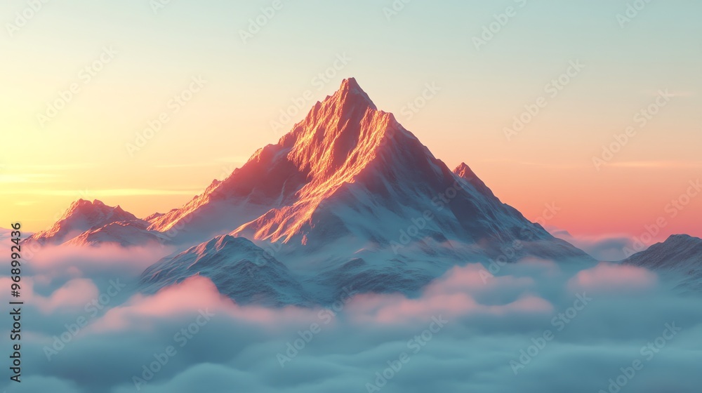 Poster A snowy mountain peak with clouds in a pastel sky.