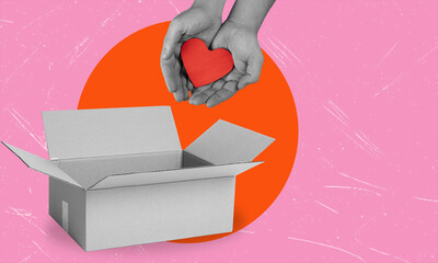 Art collage, box and hand with a heart. Contemporary art collage.