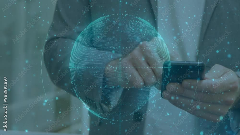 Poster animation of network of connections with globe over caucasian man using smartphone