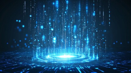 A stunning blue digital portal with cascading light effects, symbolizing technology and innovation in a futuristic environment.